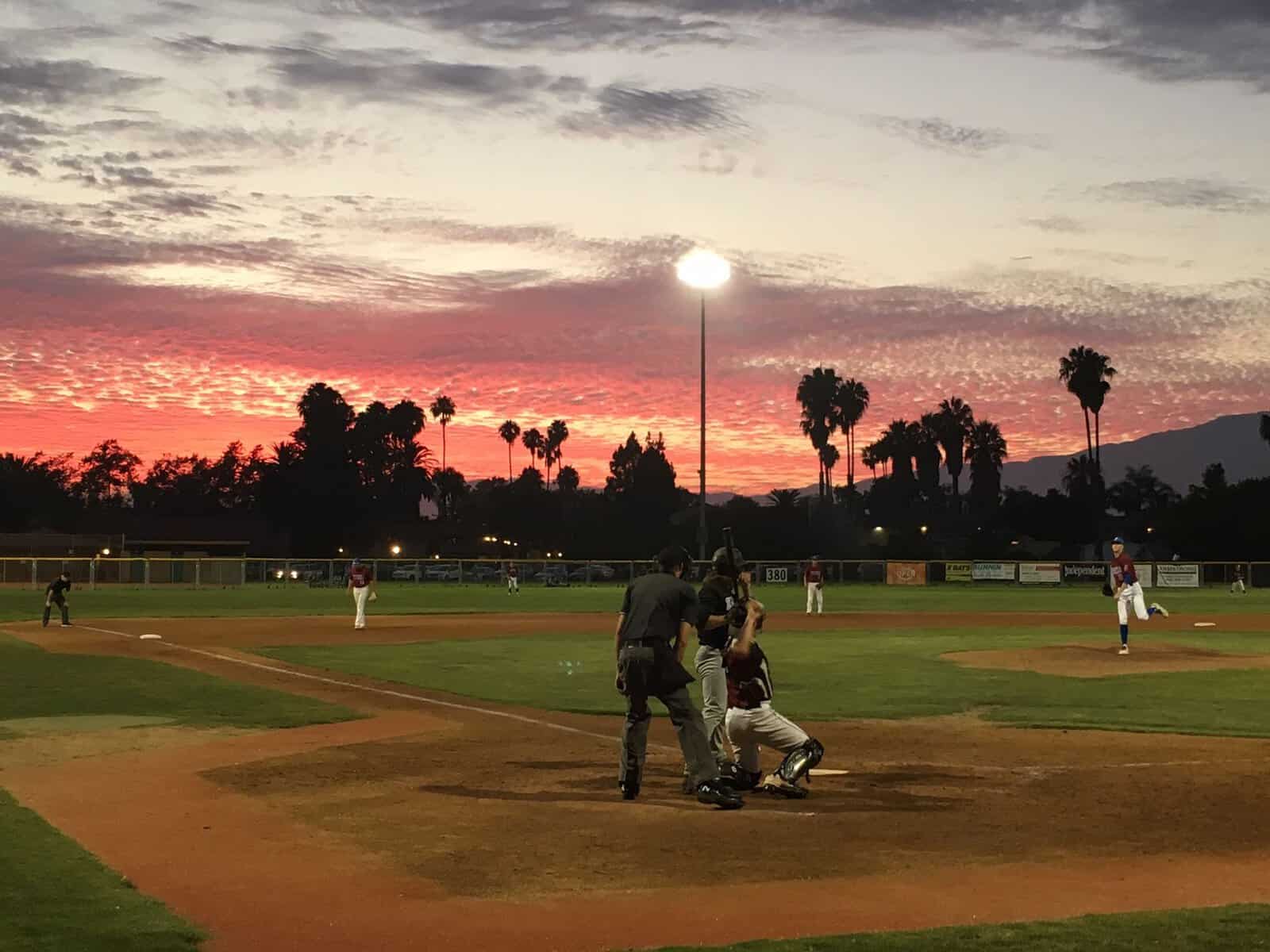 Baseball game at sunset